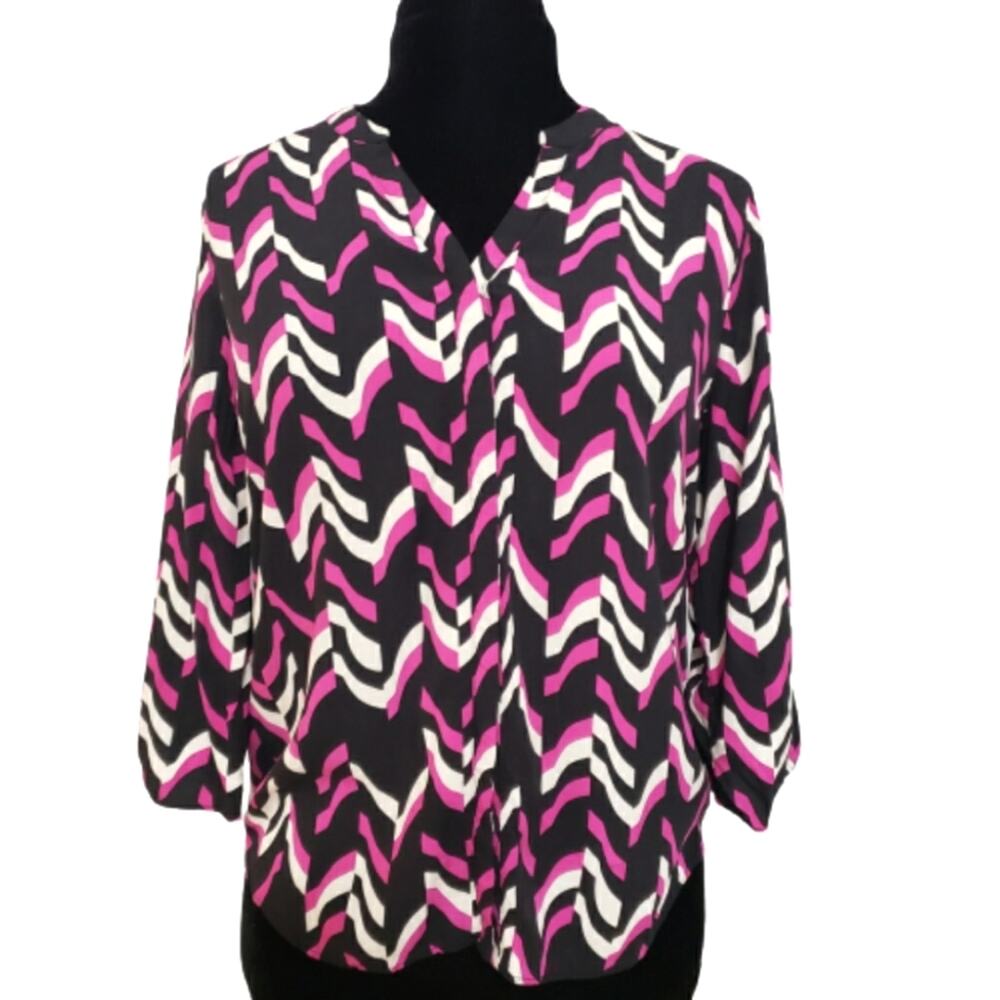 Cynthia Rowley Black White Pink 3/4 Sleeve Button Front V Neck Tunic Top Medium